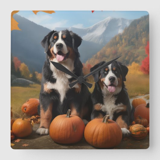 Greater Swiss Mountain Pup herfst Delight pompoen Vierkante Klok (Voorkant)