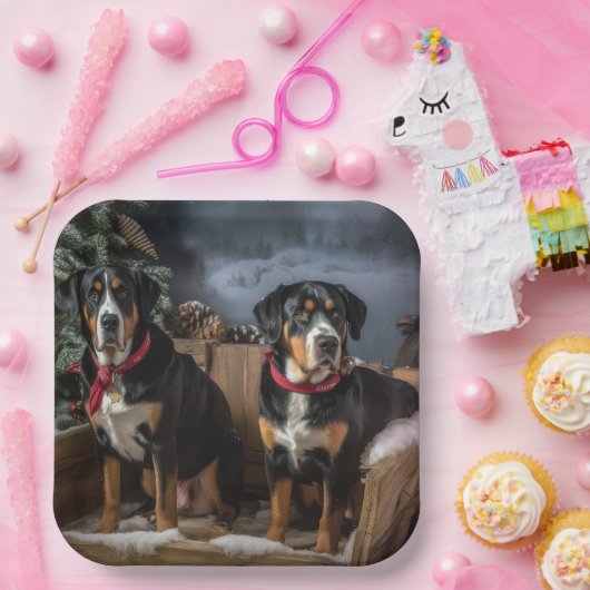 Greater Swiss Mountain Snowy Sleigh Kerstmis Papieren Bordje (Feest)