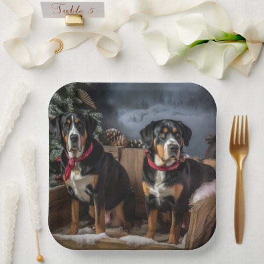 Greater Swiss Mountain Snowy Sleigh Kerstmis Papieren Bordje (Huwelijk)