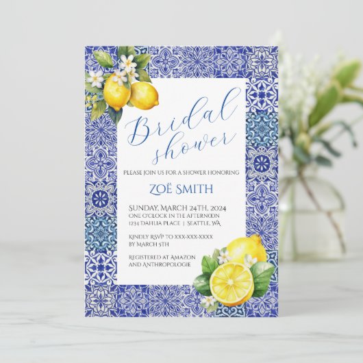 Grecian Blue en Lemon Bridal Shower Uitnodiging (Staand voorkant)