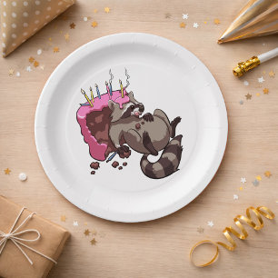 Greedy Raccoon vol met Birthday Cake Cartoon Papieren Bordje