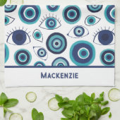 Greek Evil Eye Pattern Custom Blue White Theedoek (Gevouwen)