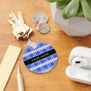 Greek Fret Arabesque blauw, Jouw naam, personalise Sleutelhanger