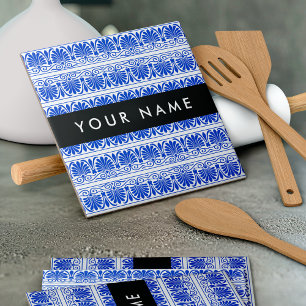 Greek Fret Arabesque blauw, Jouw naam, personalise Tegeltje