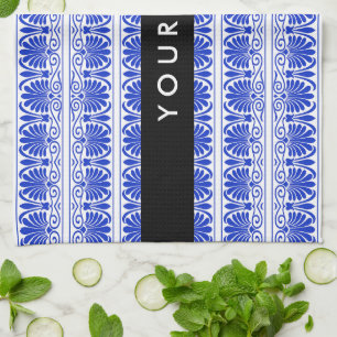 Greek Fret Arabesque blauw, Jouw naam, personalise Theedoek