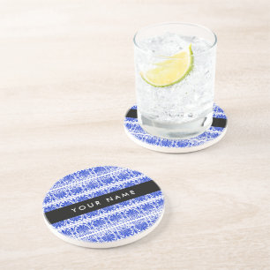 Greek Fret Arabesque blauw, Jouw naam, personalise Zandsteen Onderzetter