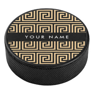 Greek Meander Key Brown, Jouw naam, Personaliseer Hockey Puck