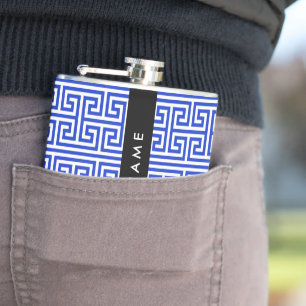 Greek Meander Key H Blauw, Jouw naam, Personalisee Heupfles