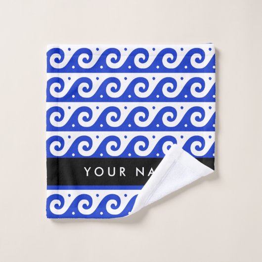 Greek Meander Key, Wave Key, Blauw, Jouw naam Bad Handdoek (Wasdoekje)
