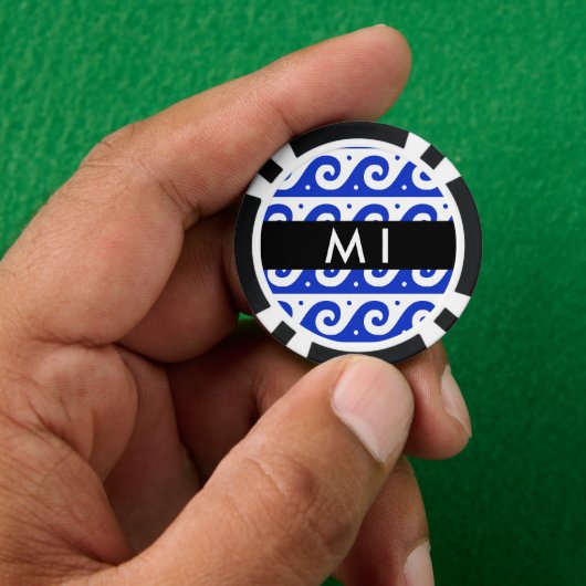 Greek Meander Key, Wave Key, Blauw, Jouw naam Poker Chips (Hand)