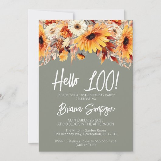 Green 100th Birthday Fall Floral Invitation (Devant)
