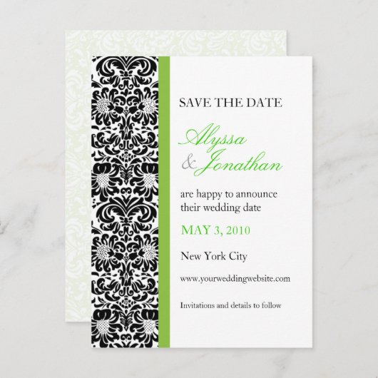 Green Accent Damask Save the Date Kaart (Voorkant / Achterkant)