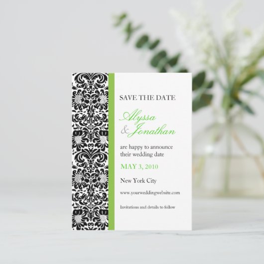 Green Accent Damask Save the Date Kaart (Staand voorkant)