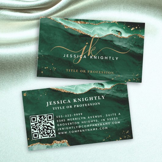 Green Agate Geode Monogram Gold Script Visitekaartje