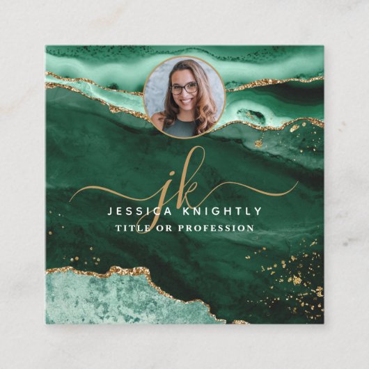 Green Agate Gold Glitter Script Foto Vierkante Visitekaartje (Voorkant)