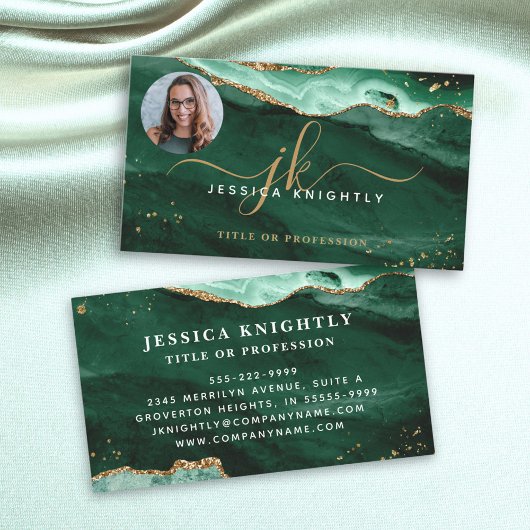 Green Agate Gold Glitter Script Monogram Foto Visitekaartje