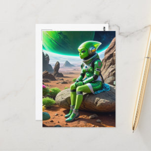Green Alien Thinker Pose Briefkaart