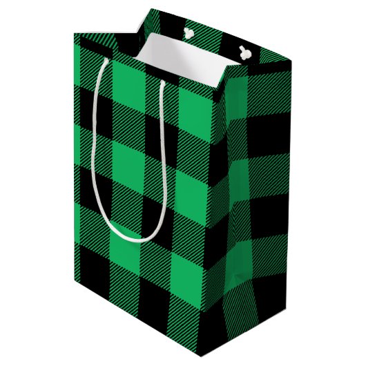 Green and Black Buffalo Check Gingham Holiday Medium Cadeauzakje (Achterkant Gekanteld)