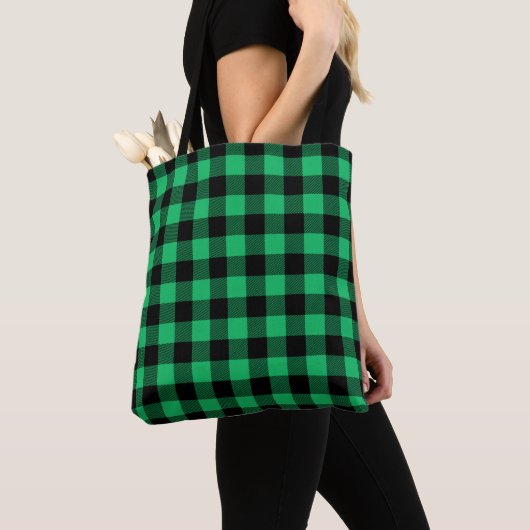 Green and Black Buffalo Check Gingham Holiday T Draagtas (Dichtbij)