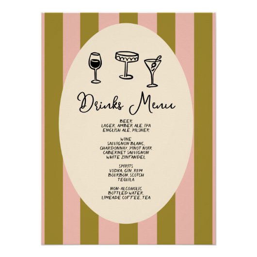 Green and Blush Pink Striped “Drinks Menu” Wedding Perfect Poster (Voorkant)