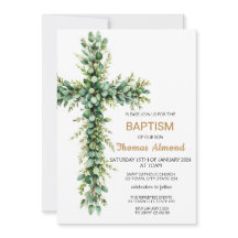 Green and Eucalypt Boys Gold Baptism Invitation