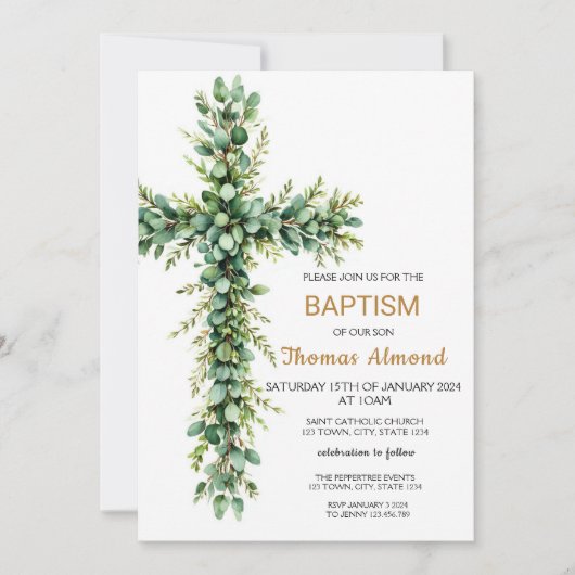 Green and Eucalypt Boys Gold Baptism Invitation (Devant)