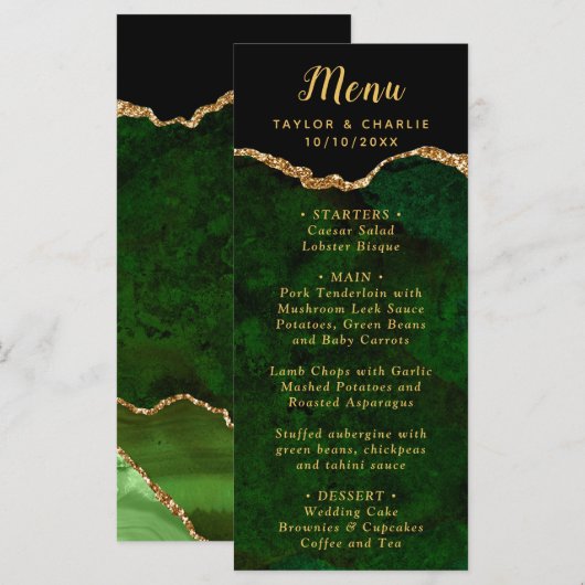Green and Gold Agate Wedding Menu (Devant / Derrière)