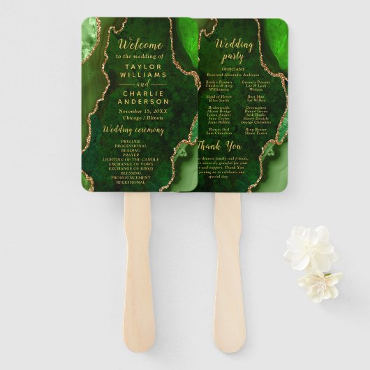 Green and Gold Agate Wedding Program Handwaaier (Voorkant en achterkant)
