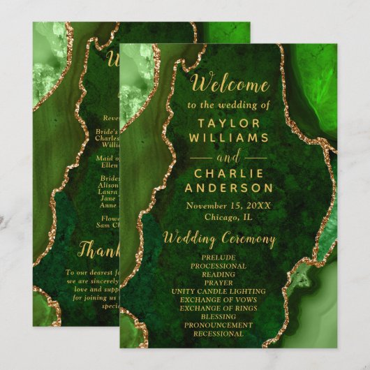 Green and Gold Agate Wedding Program Programma (Voorkant / Achterkant)