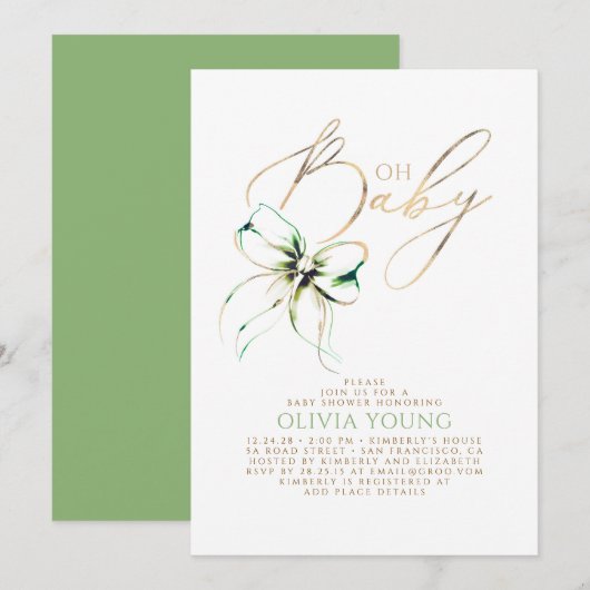 Green and Gold Bow Gender Neutral Baby Shower Kaart (Voorkant / Achterkant)