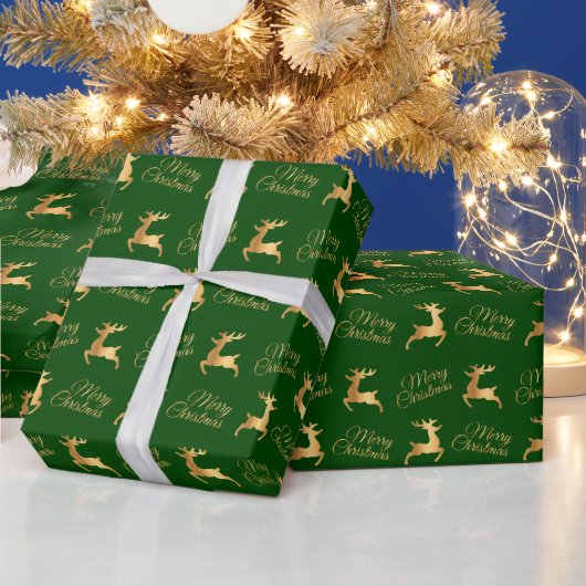 Green and Gold Christmas Reindeers Cadeaupapier (Feestdagen)