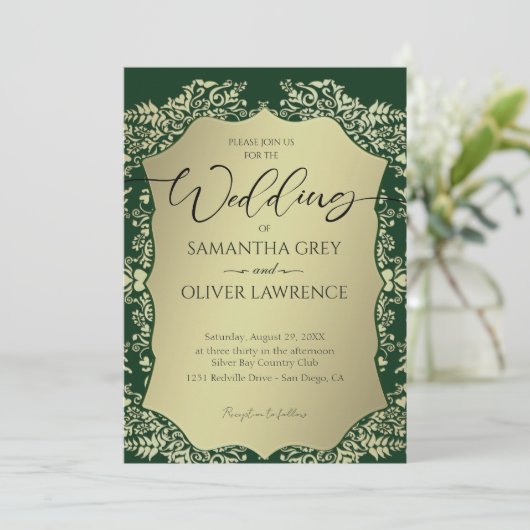 Green and Gold Damask Wedding Invitation Kaart (Staand voorkant)