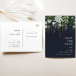 Green and Gold Dark Navy Enregistrer la date Carte<br><div class="desc">Nous avons conçu cette marine verdoyante et dorée foncée enregistrer la carte postale date pour compléter votre mariage boho simple mais élégant. Il présente des feuilles modernes d'eucalyptus vert et blanc, du feuillage de fougères, une fleur succulente et un minimum de feuilles de feuille d'or. Ces éléments donnent l'impression d'une...</div>