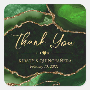 Green and Gold Faux Glitter Agate Quinceanera Vierkante Sticker