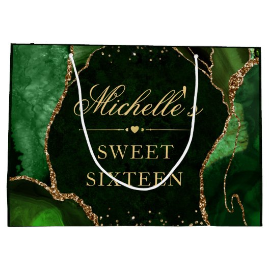 Green and Gold Glitter Marble Agate Sweet 16 Groot Cadeauzakje (Achterkant)