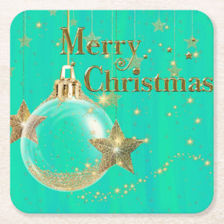 Green and Gold Merry Christmas Paper Coaster Vierkante Kartonnen Onderzetter