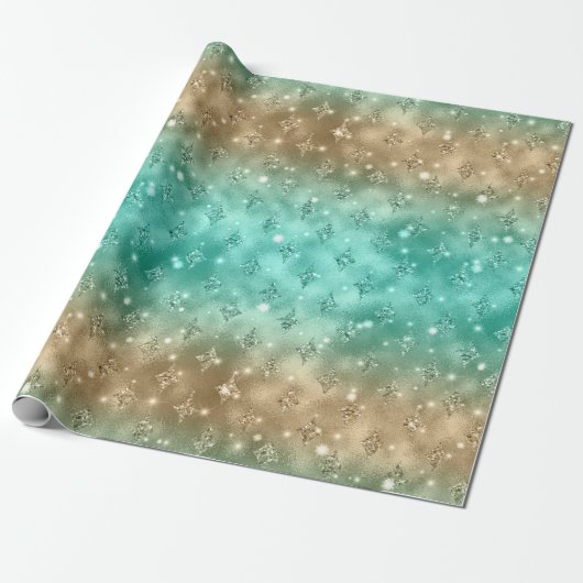 Green and Gold Ombre Glitter Celestial Pattern Cadeaupapier (Uitgerold)