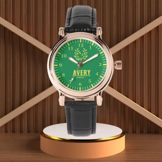 Green and Gold Personalized Custom Monogram Luxury Horloge