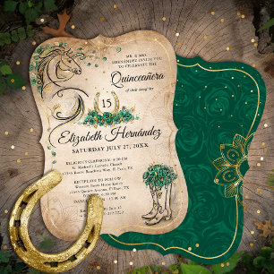 Green and Gold Quinceañera Rustic Horse Birthday Kaart
