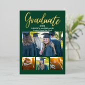 Green and Gold Script photos collage for graduated Folie Uitnodiging (Staand Voorkant)