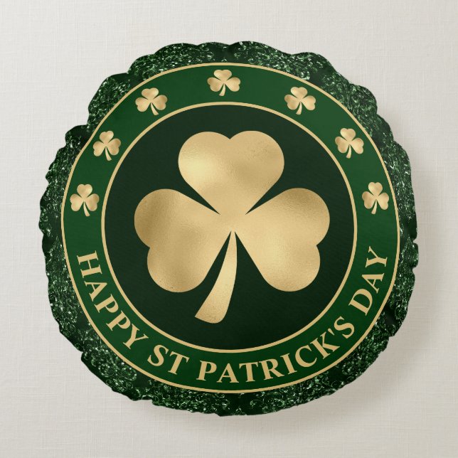 Green and Gold Shamrock Clover St Patrick's Day Rond Kussen (Voorkant)