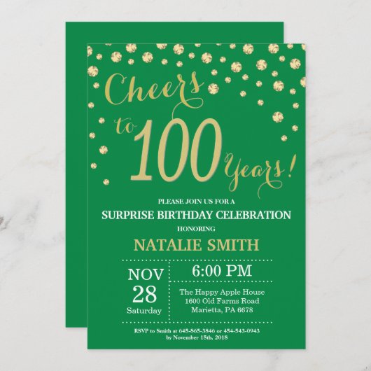 Green and Gold Surprise 100th Birthday Diamond Kaart (Voorkant / Achterkant)