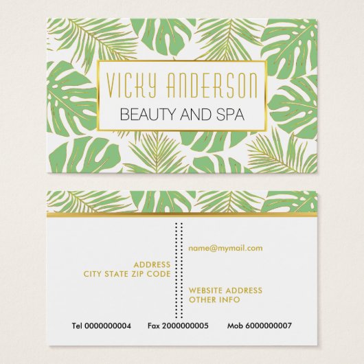 Green and gold tropical leaves business cards (Devant & derrière)