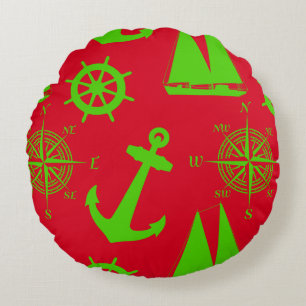 Green and Red Coastal Nautical Christmas Holiday Rond Kussen