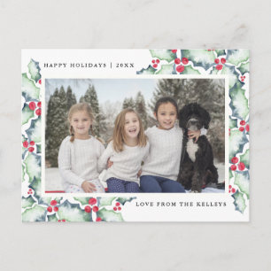 Green and Red Waterverf Holly, Holiday Foto Briefkaart
