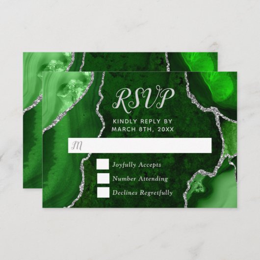 Green and Silver Agate Marble RSVP Kaartje (Voorkant / Achterkant)