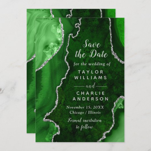 Green and Silver Agate Marble Save The Date Kaart (Voorkant / Achterkant)