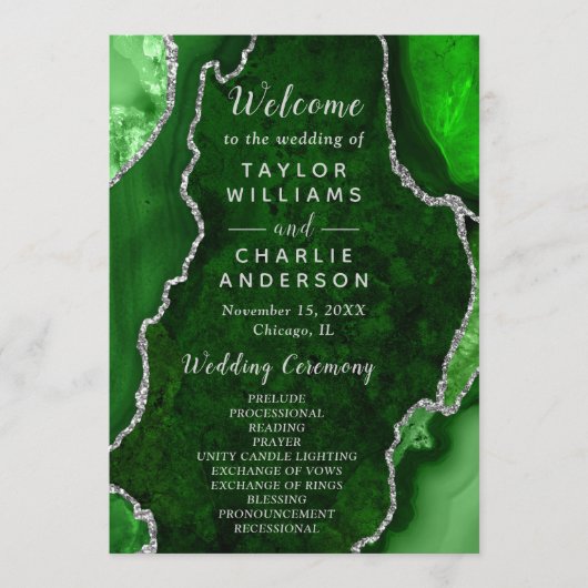 Green and Silver Agate Wedding Program Programma (Voorkant)
