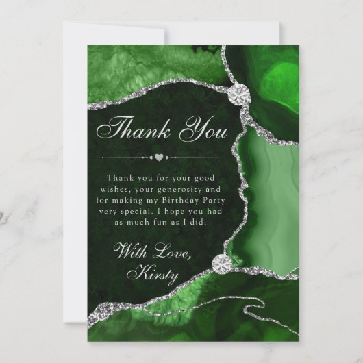 Green and Silver Faux Glitter Agate Birthday Bedankkaart (Voorkant)