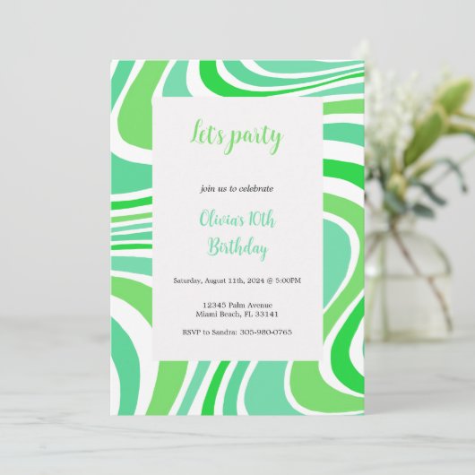 green and turquoise groovy invitation kaart (Staand voorkant)